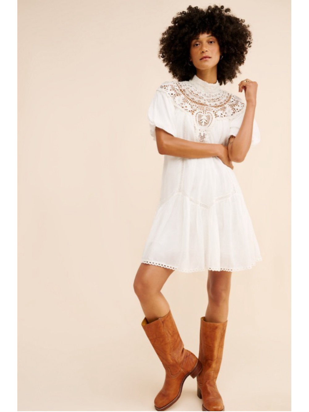 Anthropologie High Neck Lace Tunic Mini Dress Sz M White Ethereal Prairie Boho